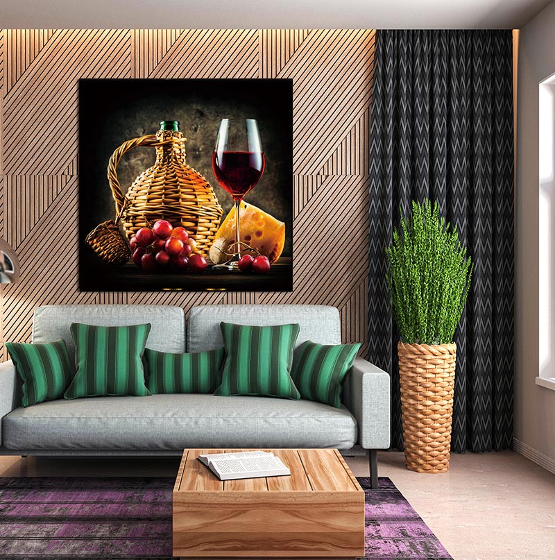 A stunning unframed acrylic print featuring a wine and cheese pairing design, showcasing vibrant colors and a high-gloss finish.
