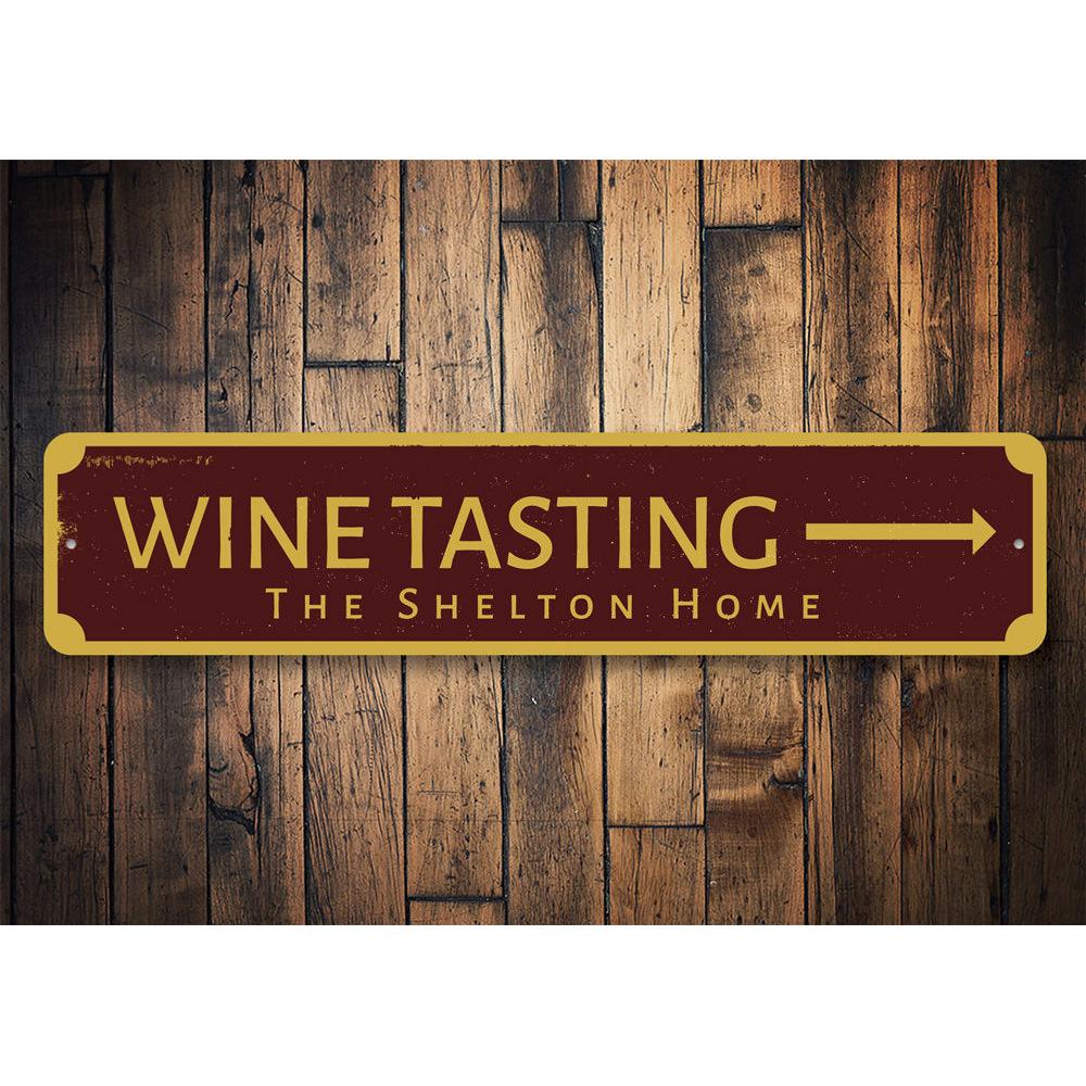 Decorative Wine Tasting Arrow Sign made from aluminum, featuring customizable text and pre-drilled holes for easy mounting.