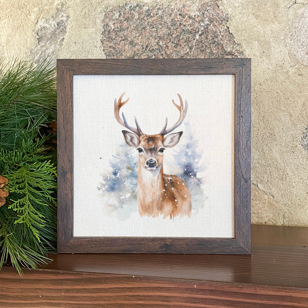 Winter Buck framed sign with walnut veneer frame and linen-look background, perfect for winter decor.