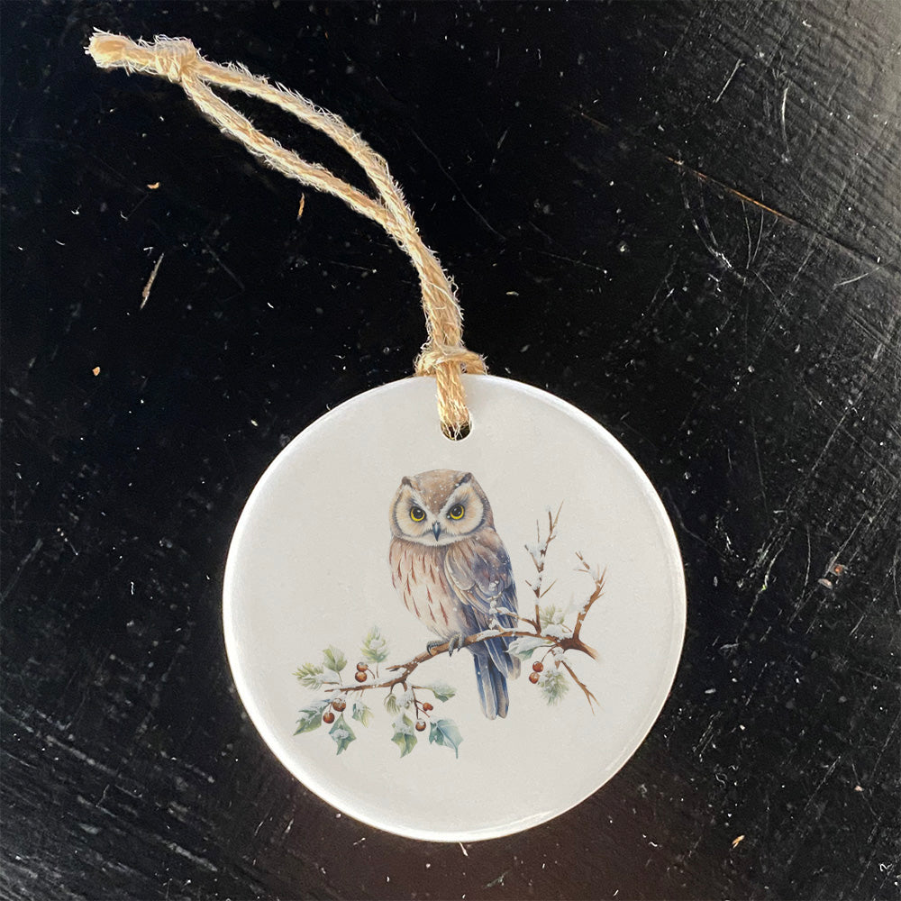 A beautifully crafted Winter Owl Ornament made of high-quality porcelain, featuring a vibrant winter-themed design.