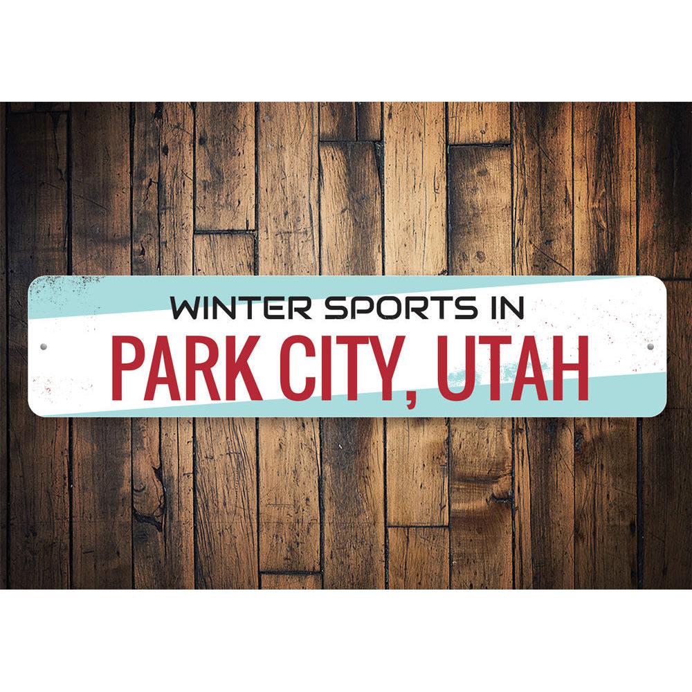 A beautifully crafted Winter Sports Sign made of aluminum, featuring ski-themed designs, perfect for decorating ski lodges or homes.
