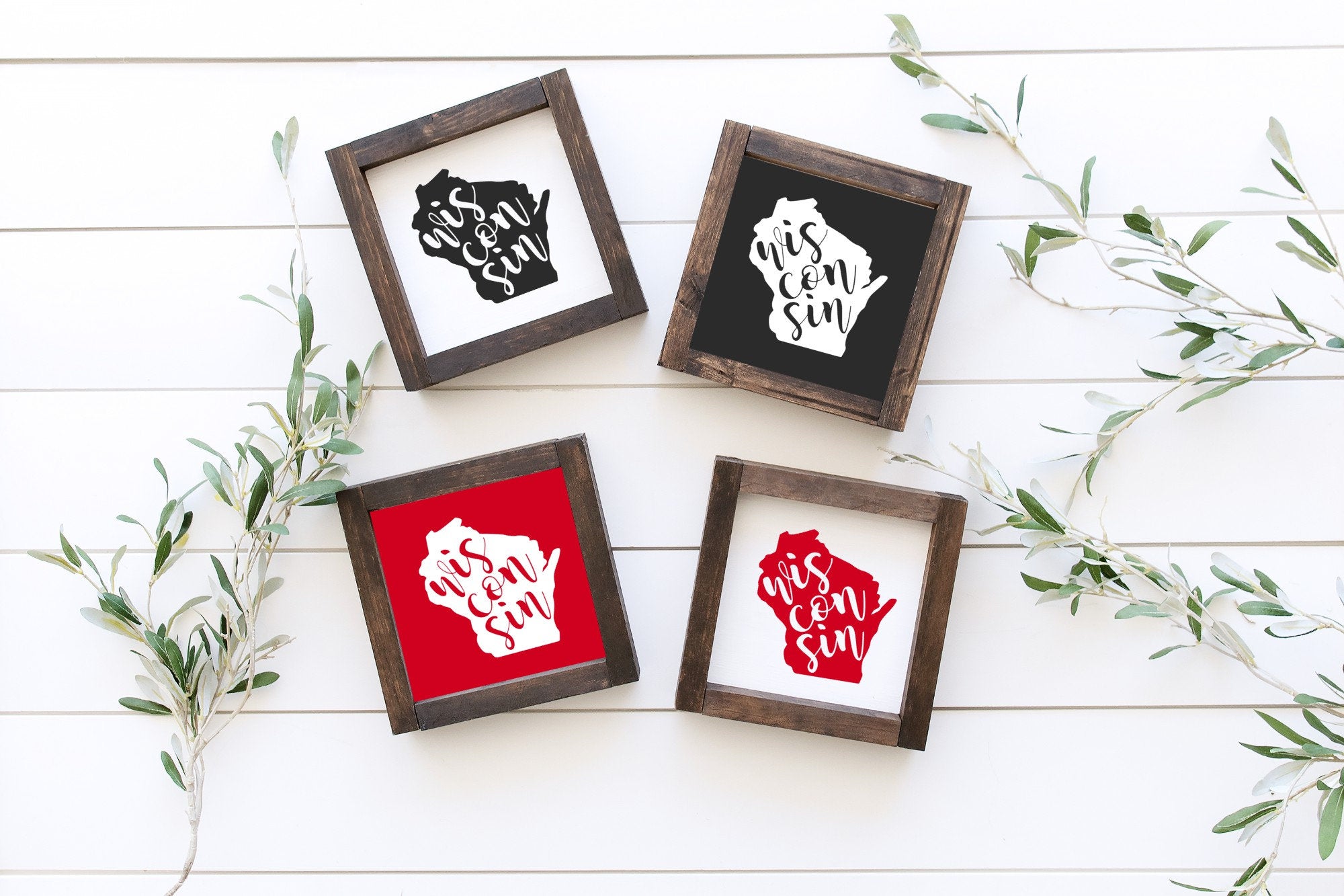 Handmade Wisconsin Wood Sign in matte white finish, showcasing unique wood grain and knots, available in two sizes.