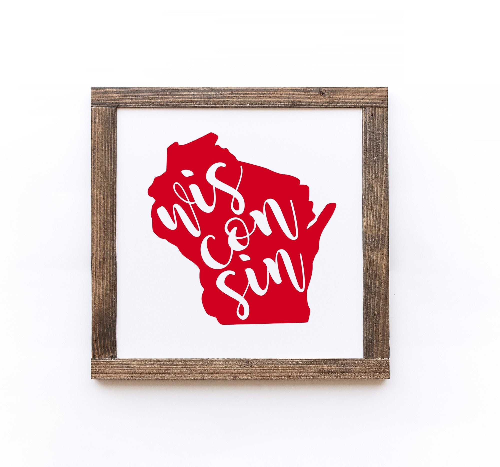 Handmade Wisconsin Wood Sign in matte white finish, showcasing unique wood grain and knots, available in two sizes.
