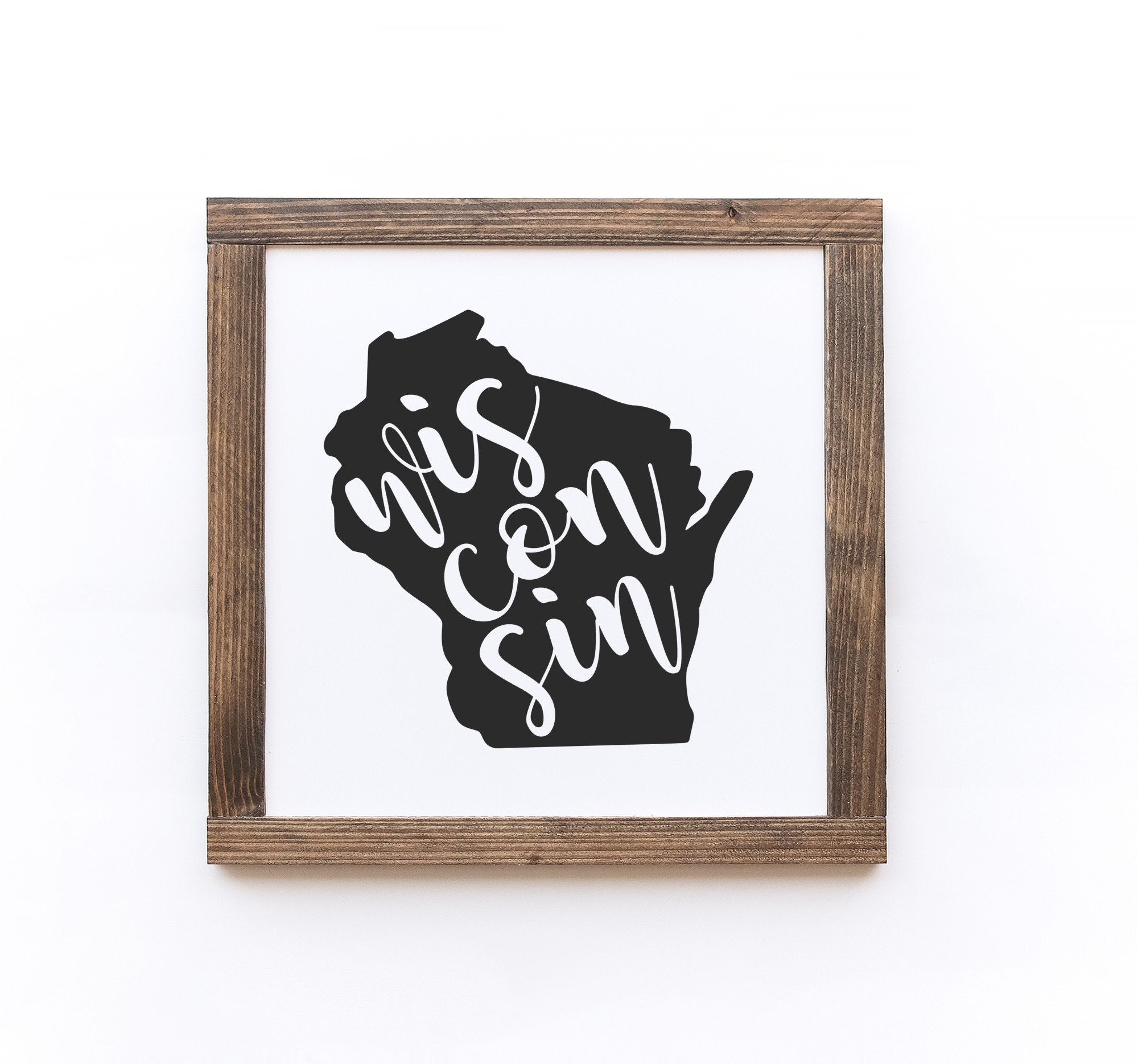 Handmade Wisconsin Wood Sign in matte white finish, showcasing unique wood grain and knots, available in two sizes.