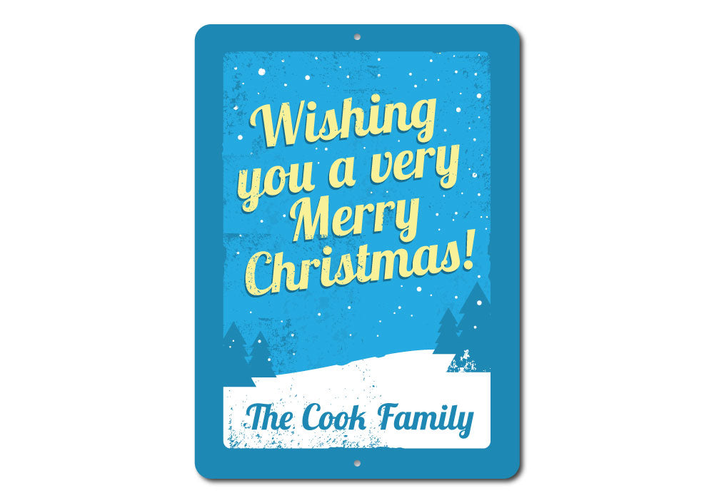 A festive Merry Christmas sign made of durable aluminum, featuring vibrant colors and a charming design, perfect for holiday decorations.