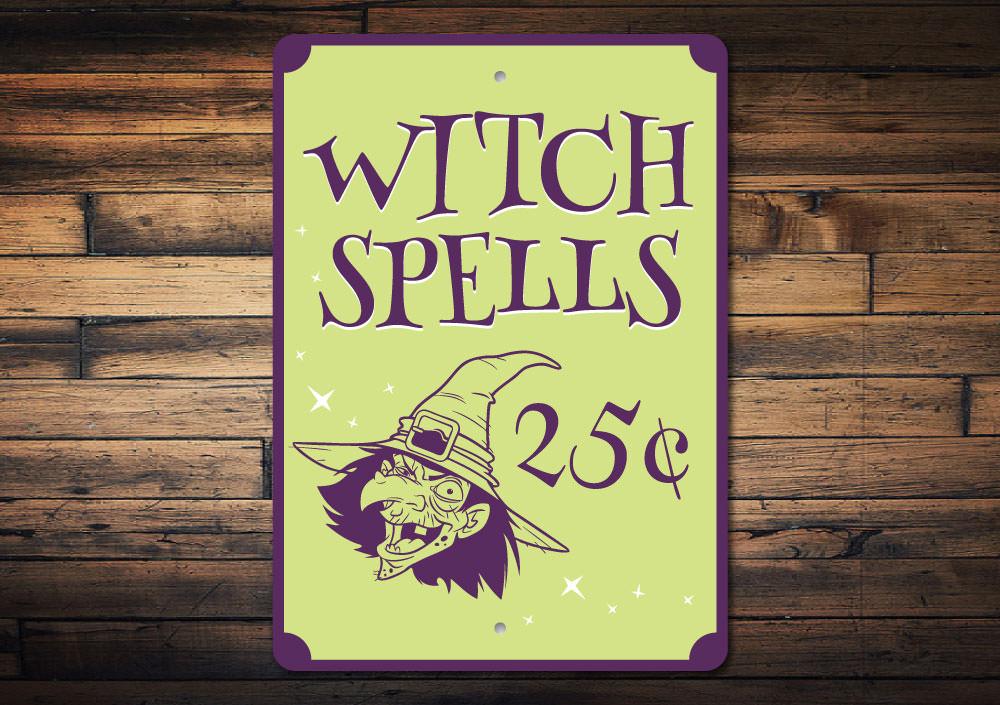 Witch Spells Sign made of high-quality aluminum, featuring spooky Halloween-themed design, perfect for indoor and outdoor decoration.