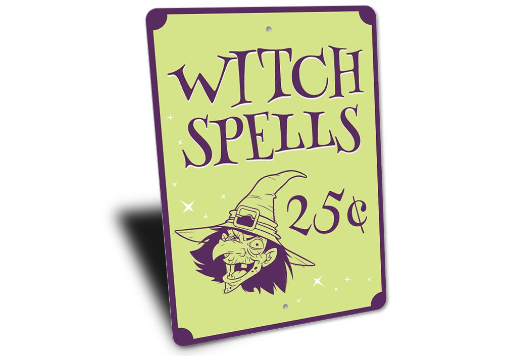Witch Spells Sign made of high-quality aluminum, featuring spooky Halloween-themed design, perfect for indoor and outdoor decoration.