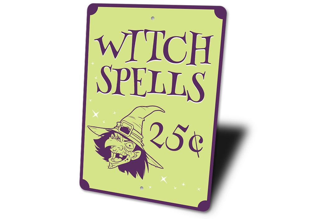 Witch Spells Sign made of high-quality aluminum, featuring spooky Halloween-themed design, perfect for indoor and outdoor decoration.