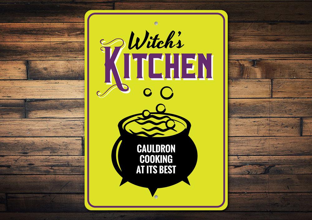 A decorative Witch's Kitchen Sign made of aluminum, featuring spooky designs perfect for Halloween decor.