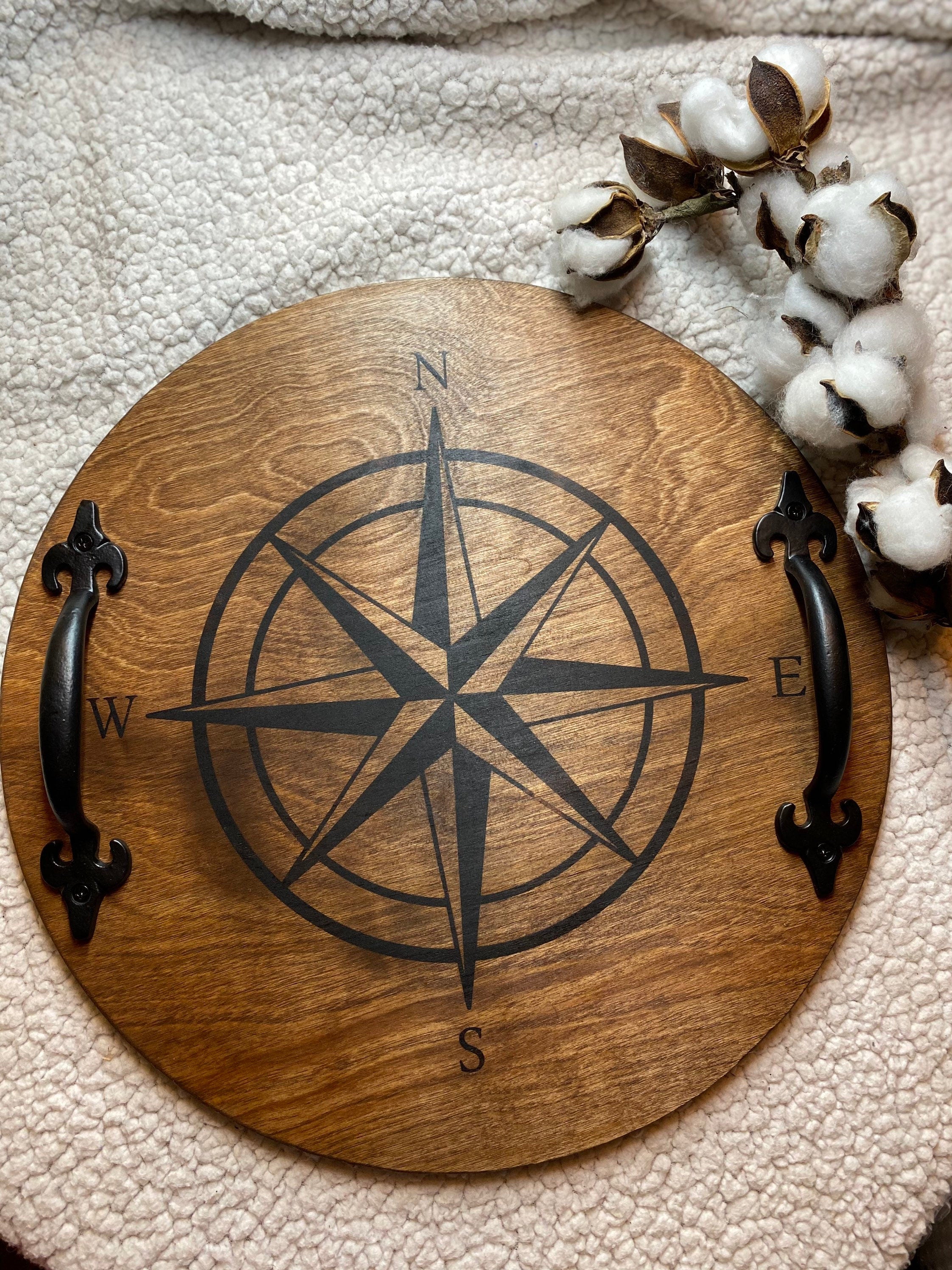 Handmade wood serving tray with black metal handles, available in cherry and chestnut stain, showcasing unique wood grain patterns.