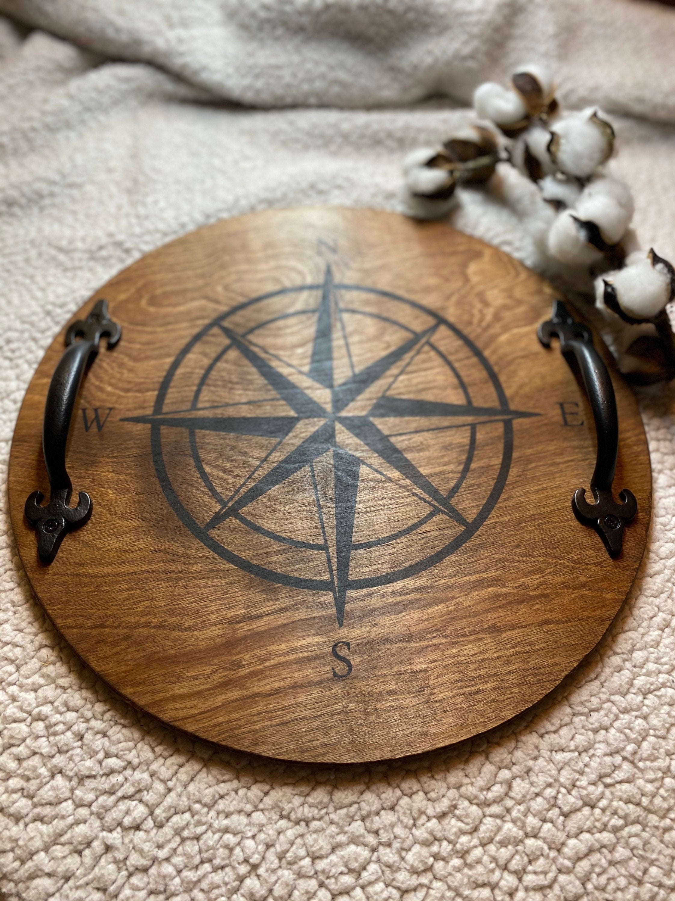 Handmade wood serving tray with black metal handles, available in cherry and chestnut stain, showcasing unique wood grain patterns.