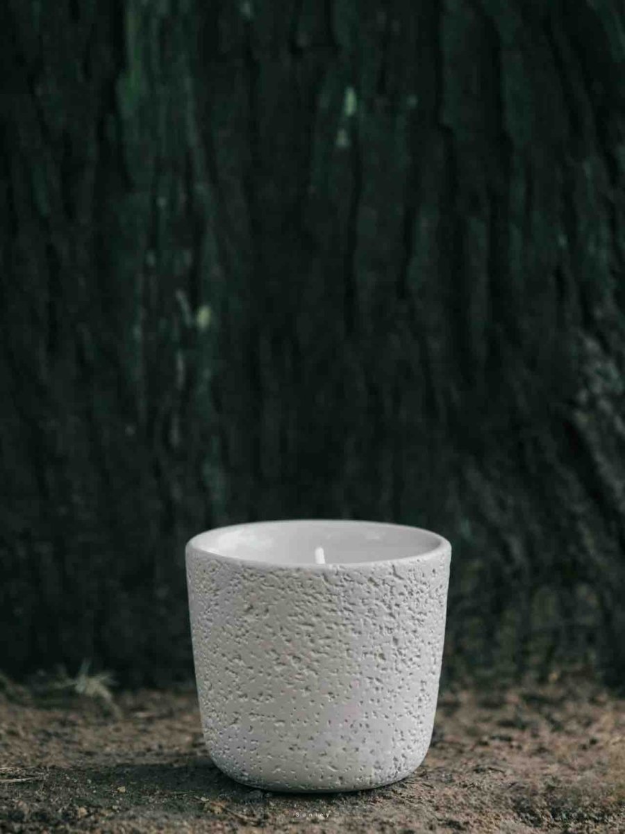 Wood Wick Soy Wax Scented Candle in a lava-like jar, featuring a refreshing snowy fir scent.