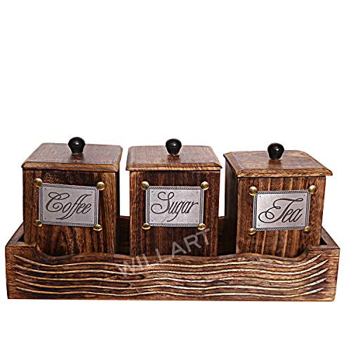 Handmade wooden container set for tea, coffee, and sugar with lids, featuring elegant antique design and embossed labels.