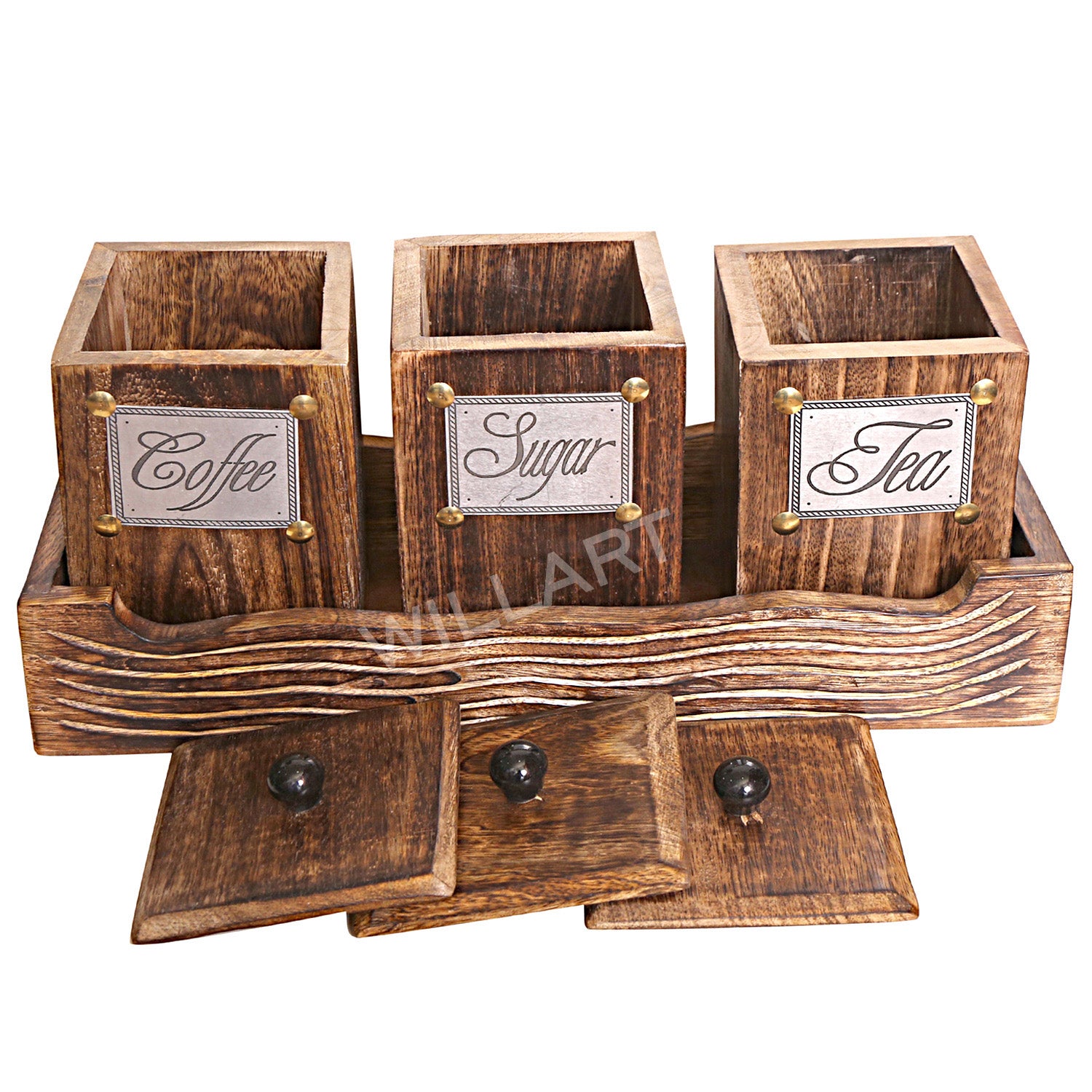 Handmade wooden container set for tea, coffee, and sugar with lids, featuring elegant antique design and embossed labels.