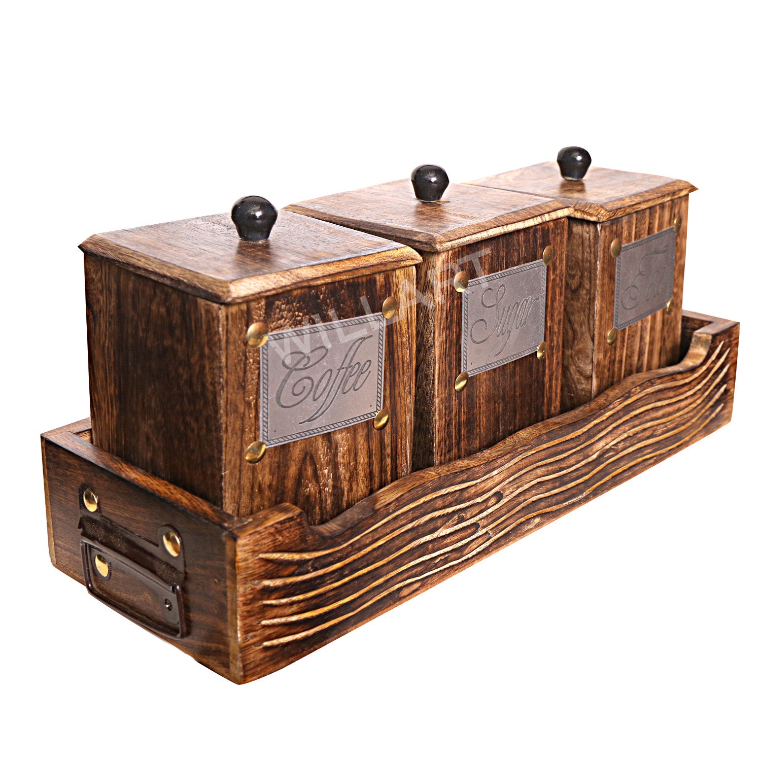 Handmade wooden container set for tea, coffee, and sugar with lids, featuring elegant antique design and embossed labels.