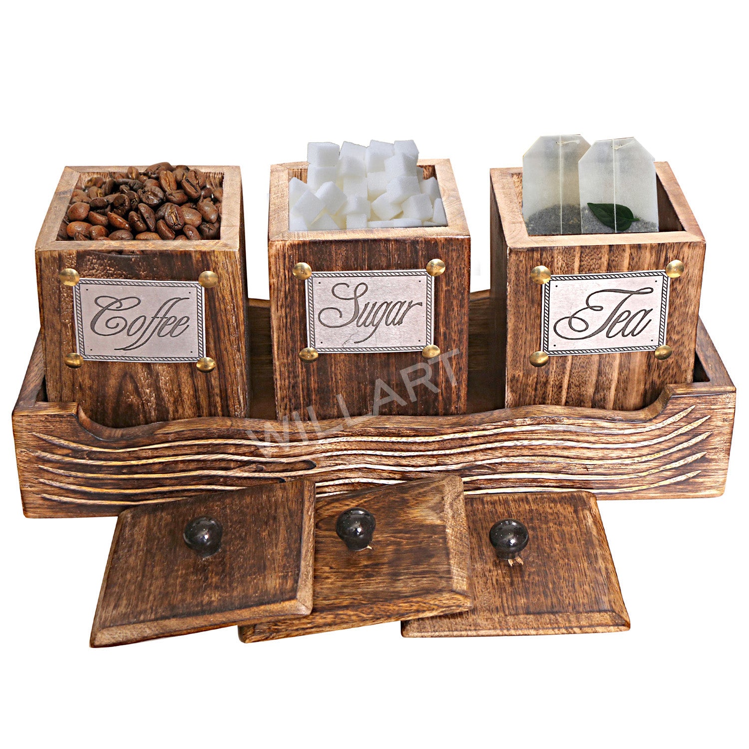 Handmade wooden container set for tea, coffee, and sugar with lids, featuring elegant antique design and embossed labels.