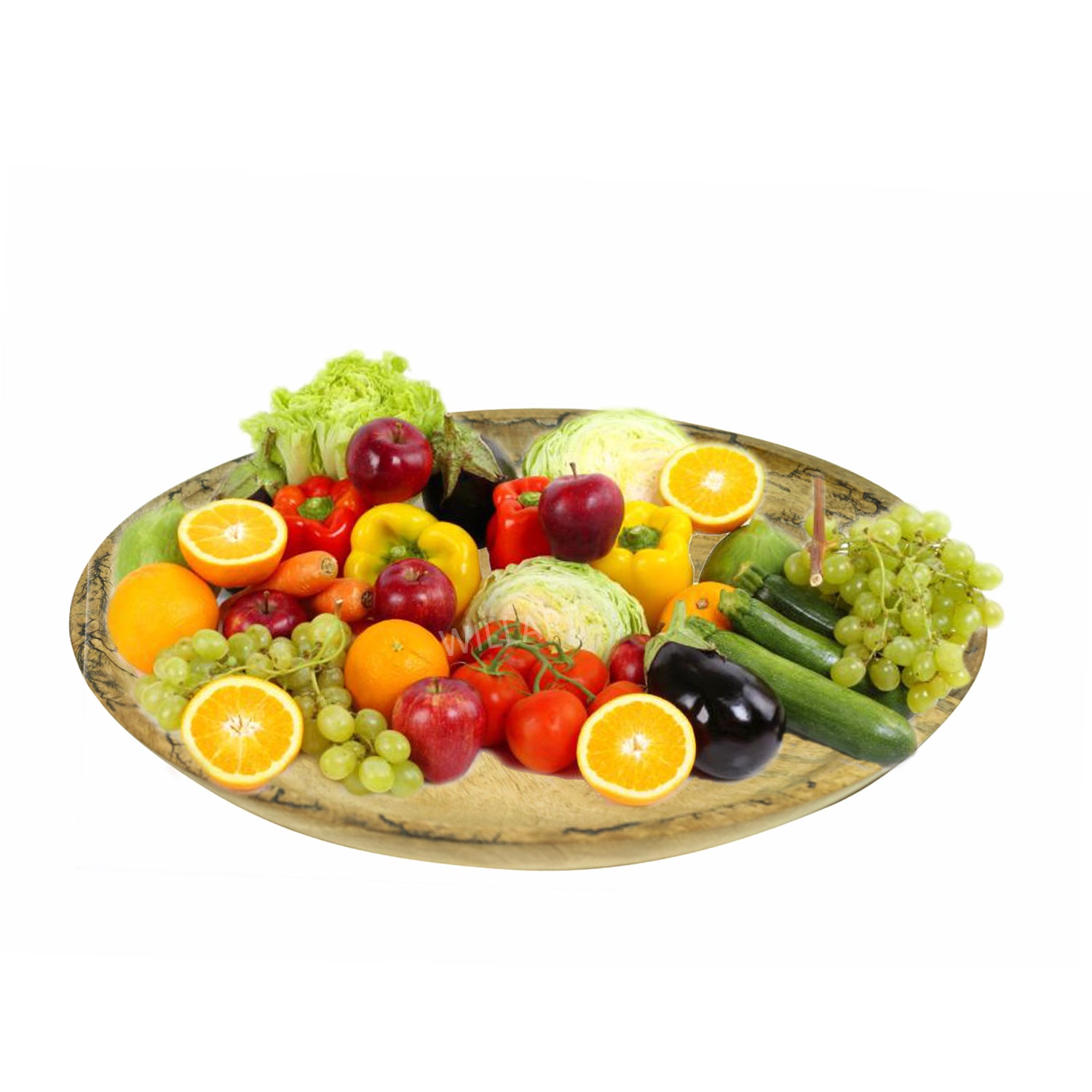 A beautifully crafted Wooden Fruit Basket made from mango wood, featuring intricate laser-cut borders, ideal for organizing fruits and serving appetizers.