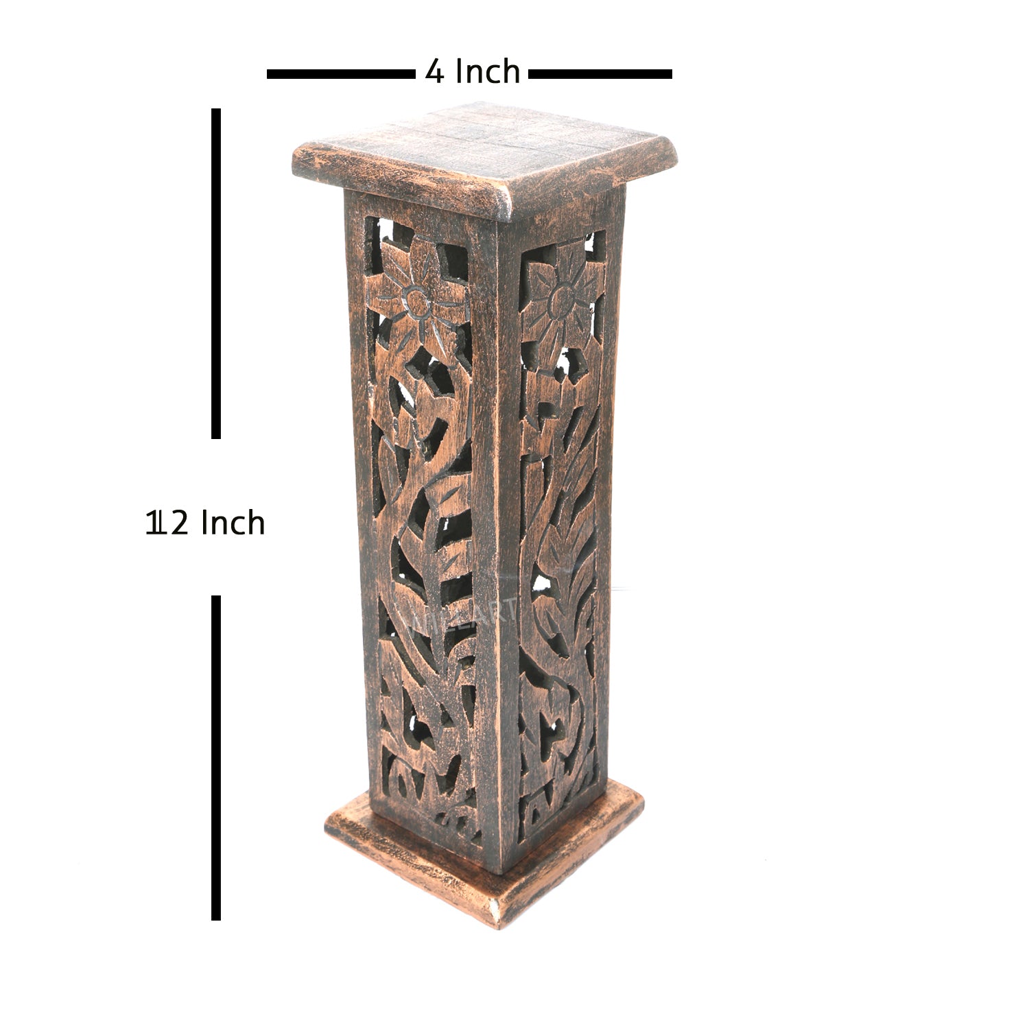 Handcrafted wooden incense burner made from mango wood with antique finish, featuring intricate carvings and a sturdy base for incense sticks.