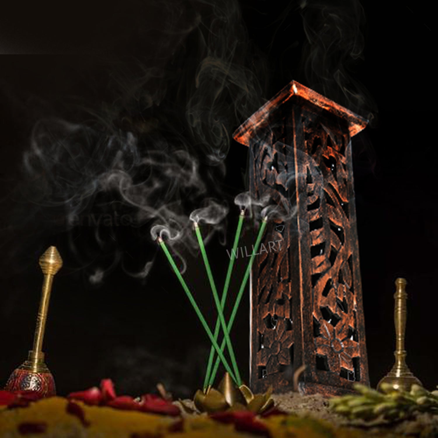 Handcrafted wooden incense burner made from mango wood with antique finish, featuring intricate carvings and a sturdy base for incense sticks.