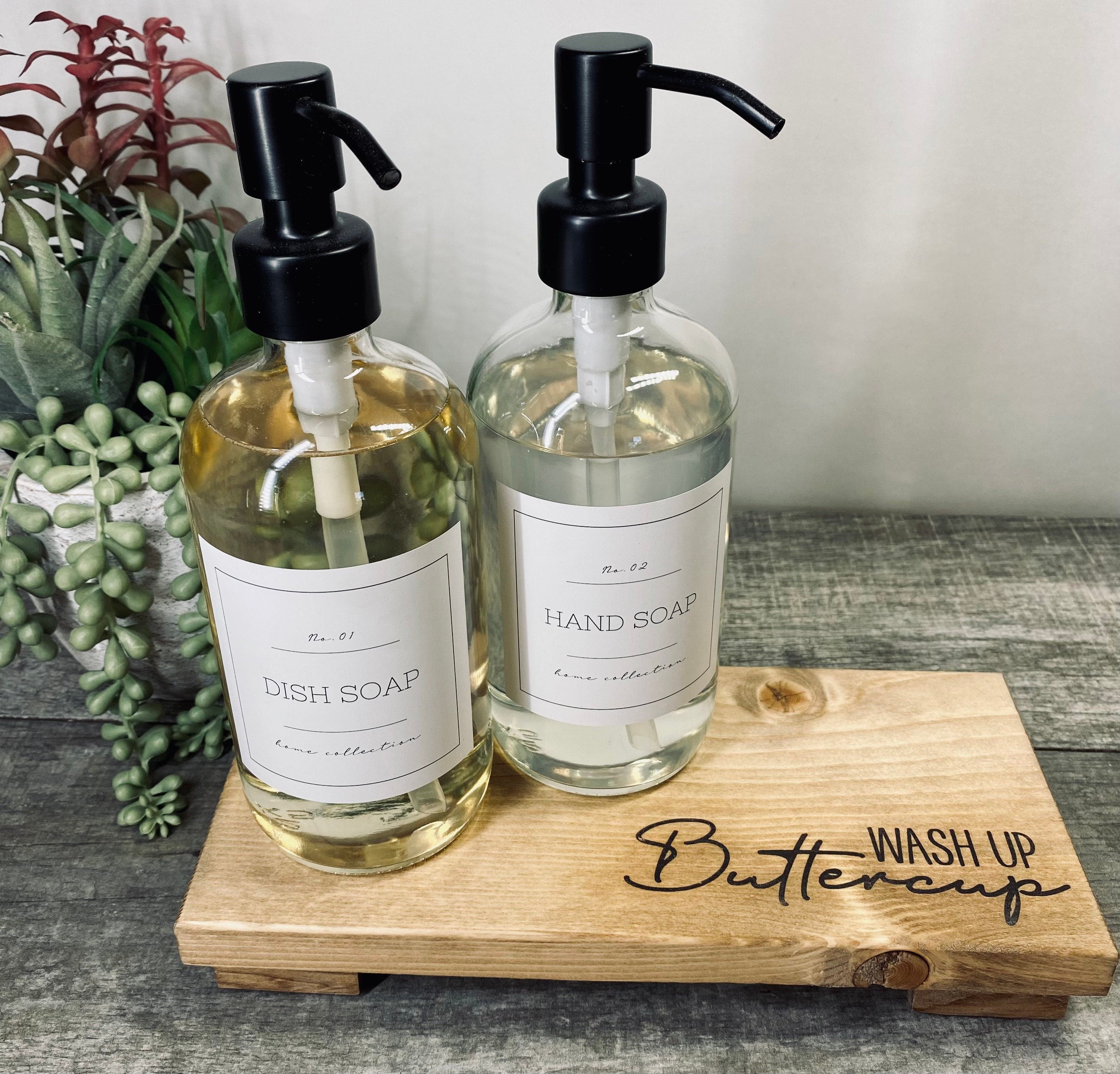 Handmade wooden riser with 'wash up buttercup' design, showcasing unique wood grain and oil-based stain, perfect for bathroom or kitchen decor.