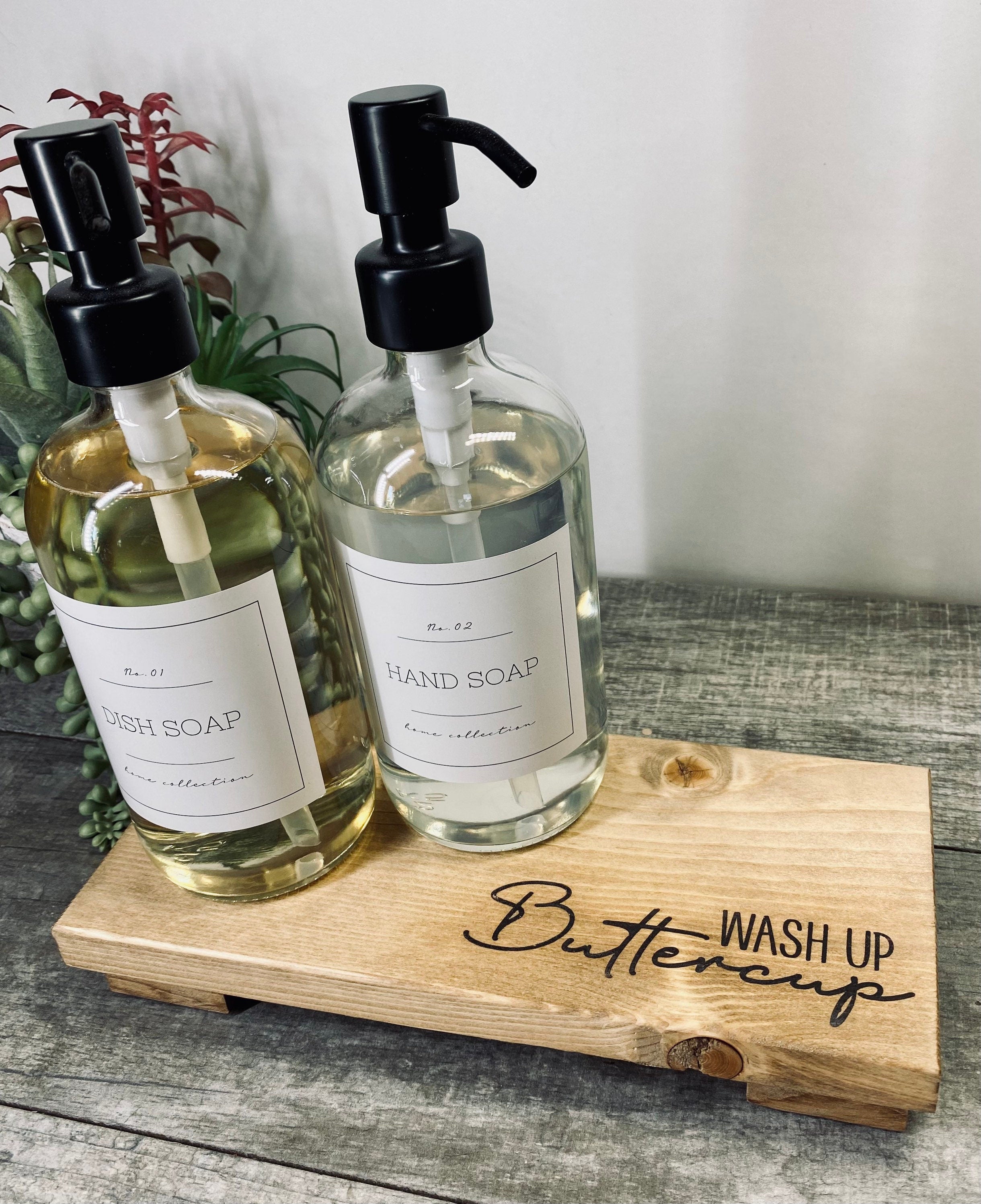Handmade wooden riser with 'wash up buttercup' design, showcasing unique wood grain and oil-based stain, perfect for bathroom or kitchen decor.