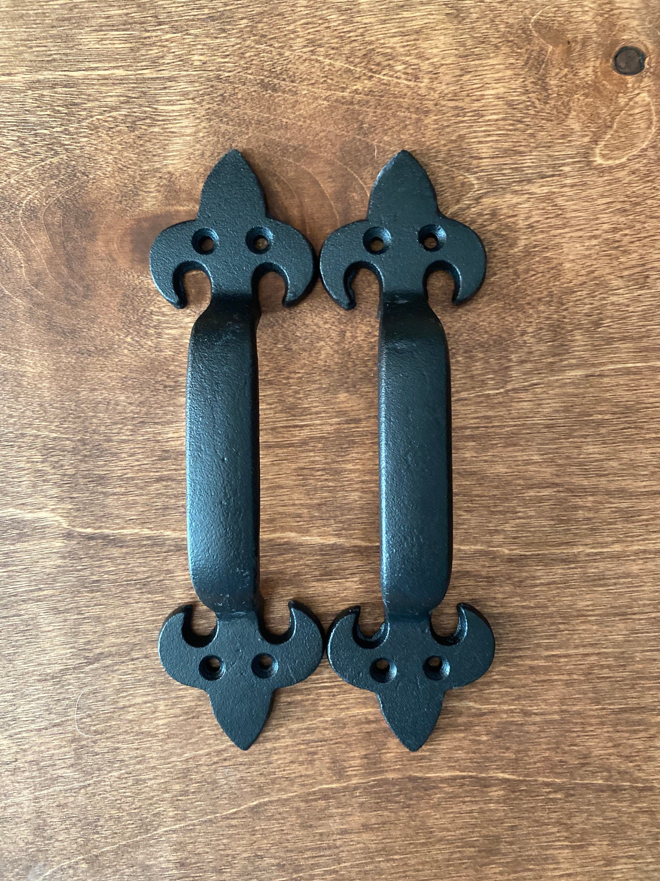 Handmade wooden serving tray with black metal handles, stained in English Chestnut, showcasing unique wood grain patterns.