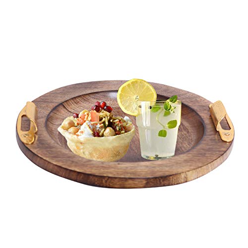 Stylish wooden serving tray with copper handles, perfect for dining and serving meals.