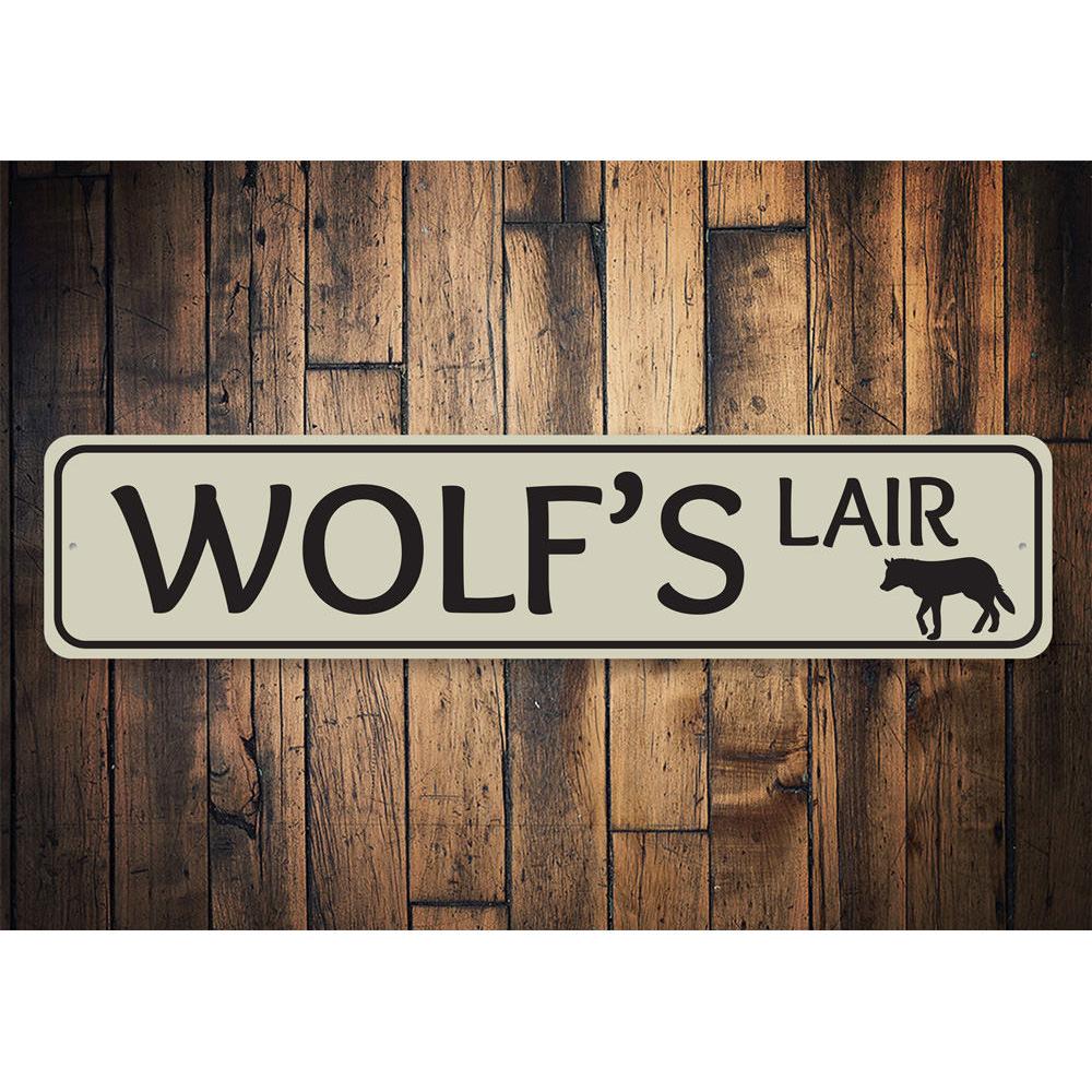 Wolf's Lair decorative sign made of high-quality aluminum, featuring customizable text, ideal for lakehouse decor.