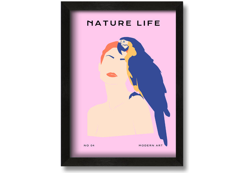 A beautifully framed print of a woman with a parrot, showcasing vibrant colors and intricate details, ready to hang.