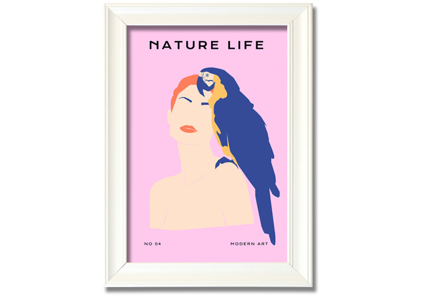 A beautifully framed print of a woman with a parrot, showcasing vibrant colors and intricate details, ready to hang.