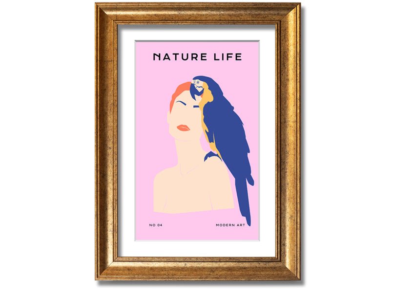 A beautifully framed print of a woman with a parrot, showcasing vibrant colors and intricate details, ready to hang.