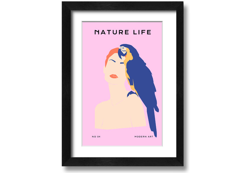 A beautifully framed print of a woman with a parrot, showcasing vibrant colors and intricate details, ready to hang.