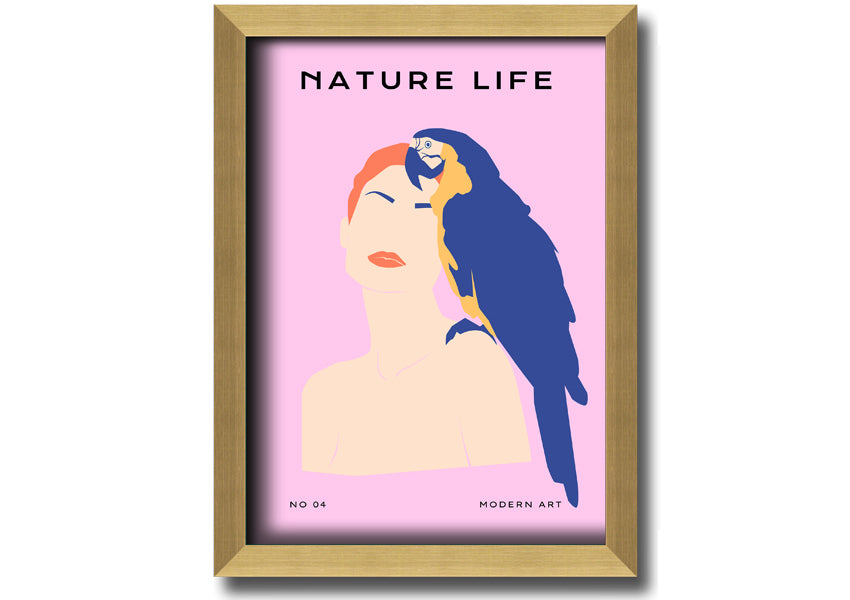 A beautifully framed print of a woman with a parrot, showcasing vibrant colors and intricate details, ready to hang.