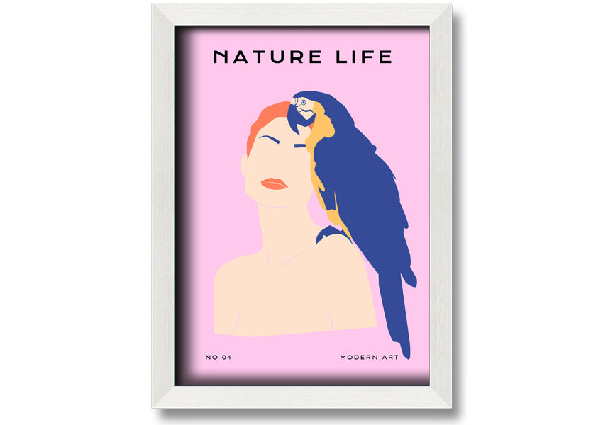 A beautifully framed print of a woman with a parrot, showcasing vibrant colors and intricate details, ready to hang.