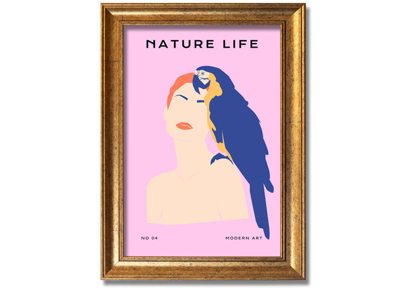A beautifully framed print of a woman with a parrot, showcasing vibrant colors and intricate details, ready to hang.