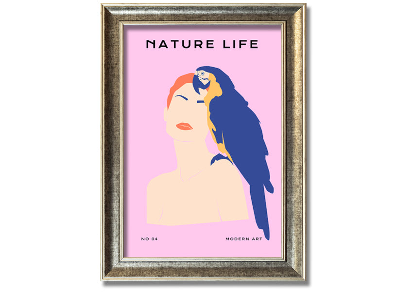 A beautifully framed print of a woman with a parrot, showcasing vibrant colors and intricate details, ready to hang.