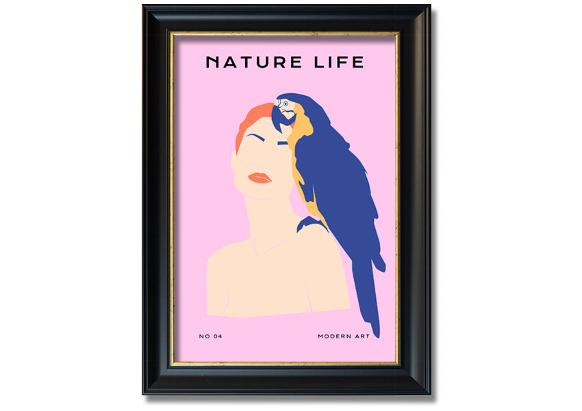 A beautifully framed print of a woman with a parrot, showcasing vibrant colors and intricate details, ready to hang.