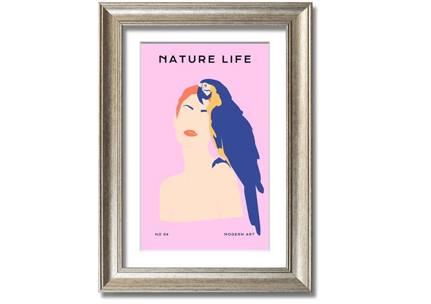A beautifully framed print of a woman with a parrot, showcasing vibrant colors and intricate details, ready to hang.
