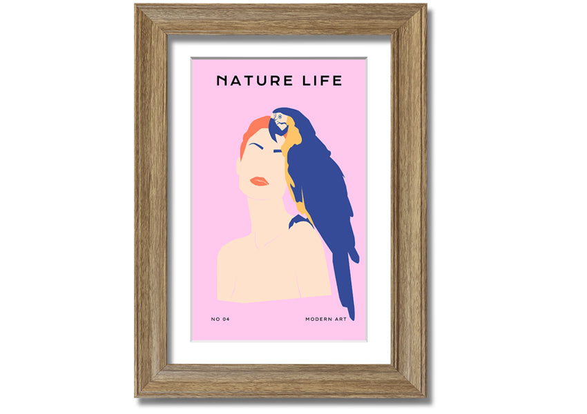 A beautifully framed print of a woman with a parrot, showcasing vibrant colors and intricate details, ready to hang.