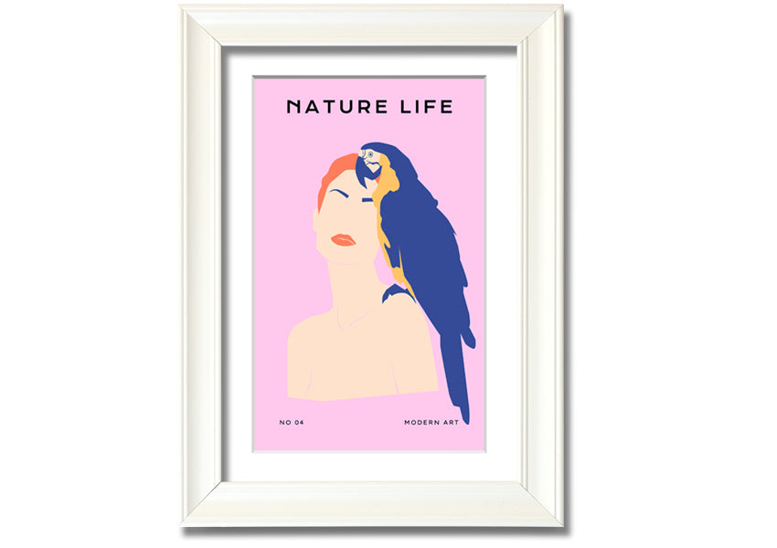 A beautifully framed print of a woman with a parrot, showcasing vibrant colors and intricate details, ready to hang.