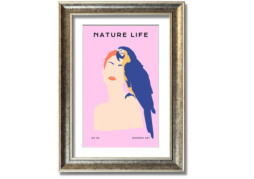 A beautifully framed print of a woman with a parrot, showcasing vibrant colors and intricate details, ready to hang.
