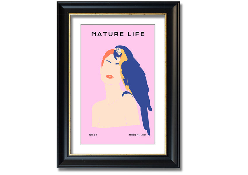 A beautifully framed print of a woman with a parrot, showcasing vibrant colors and intricate details, ready to hang.