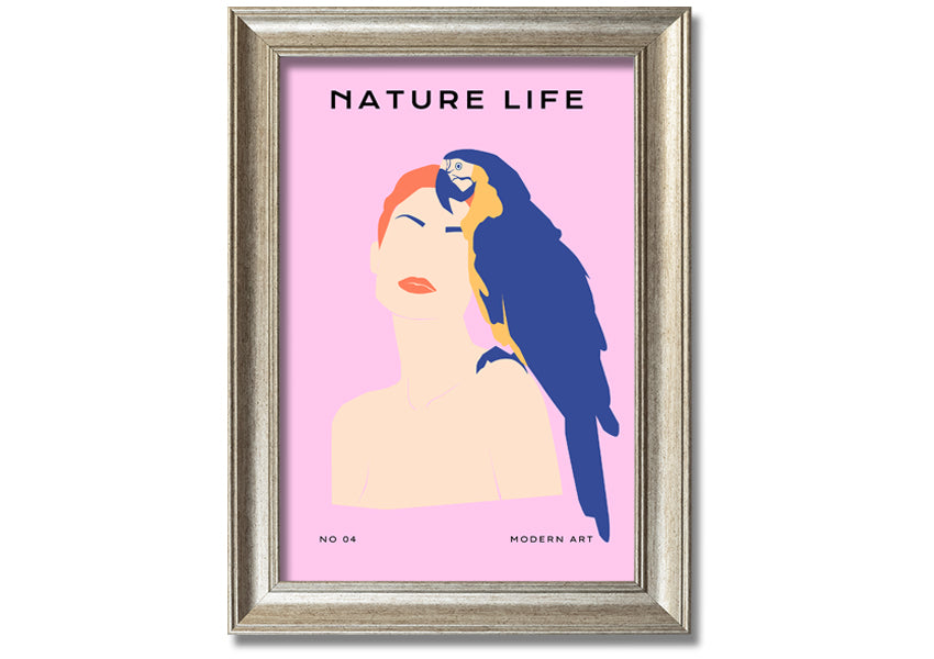 A beautifully framed print of a woman with a parrot, showcasing vibrant colors and intricate details, ready to hang.