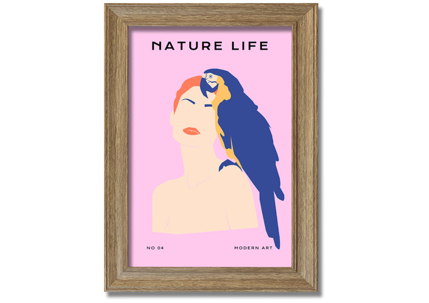 A beautifully framed print of a woman with a parrot, showcasing vibrant colors and intricate details, ready to hang.