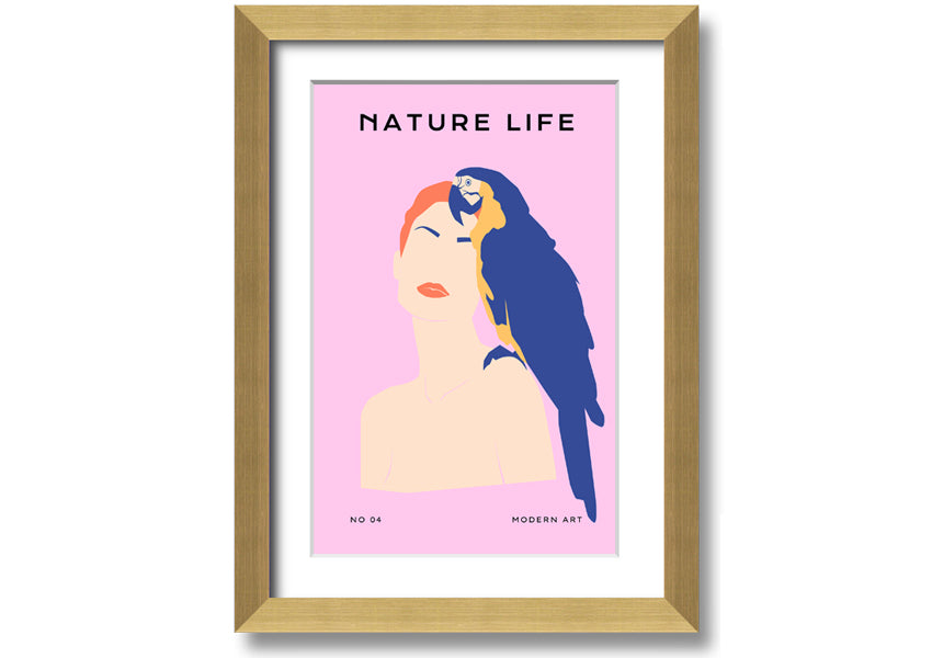 A beautifully framed print of a woman with a parrot, showcasing vibrant colors and intricate details, ready to hang.