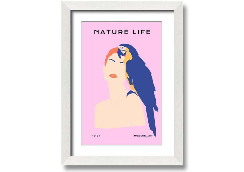 A beautifully framed print of a woman with a parrot, showcasing vibrant colors and intricate details, ready to hang.