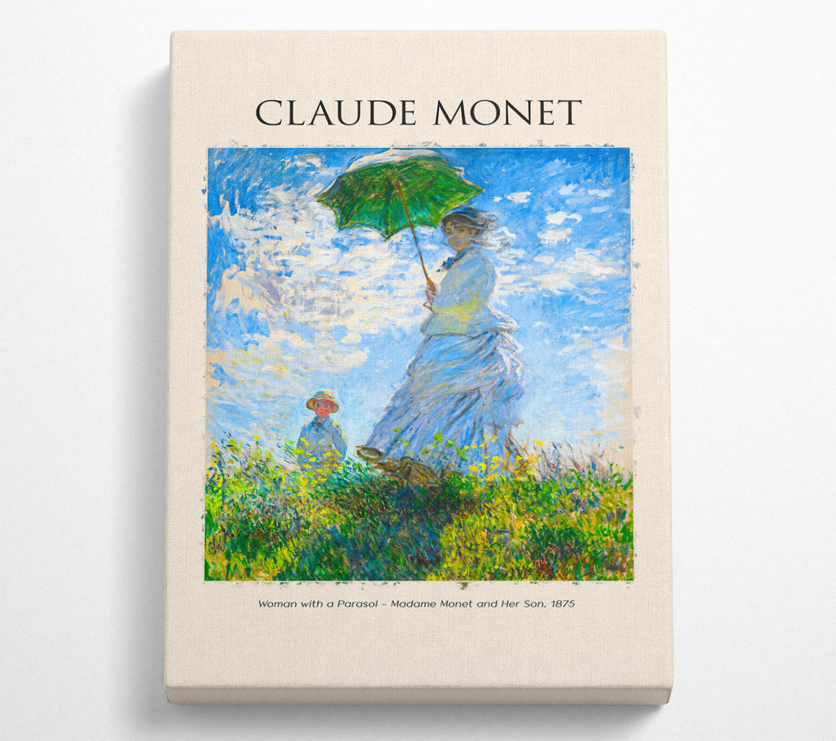 A beautiful reproduction of Claude Monet's 'Woman With A Parasol', showcasing a woman in a flowing dress holding a parasol in a vibrant landscape.