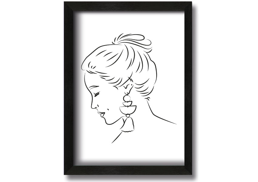 Framed print of a woman wearing earrings, showcasing elegant design and multiple frame colour options.