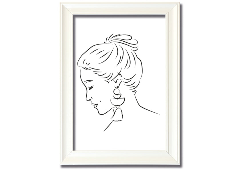 Framed print of a woman wearing earrings, showcasing elegant design and multiple frame colour options.