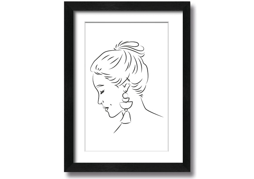 Framed print of a woman wearing earrings, showcasing elegant design and multiple frame colour options.
